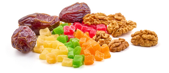 Nuts and dried fruits, isolated on white background