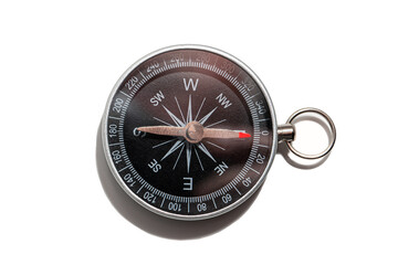 Compass with a black dial isolate on a white background. Traditional navigation device indicating the cardinal points (north, south, east, and west).