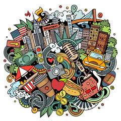 New York hand drawn cartoon doodle illustration. Funny City design. © balabolka