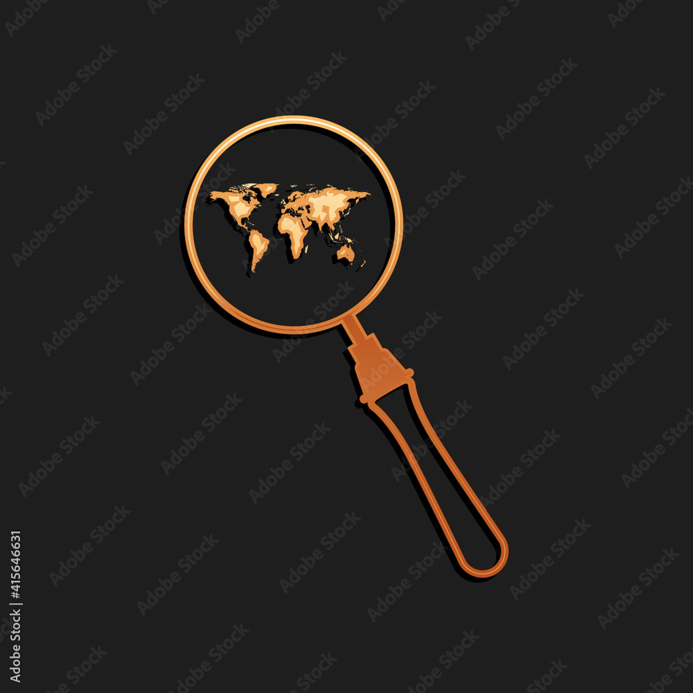 Poster gold magnifying glass with world map icon isolated on black background. analyzing the world. global 