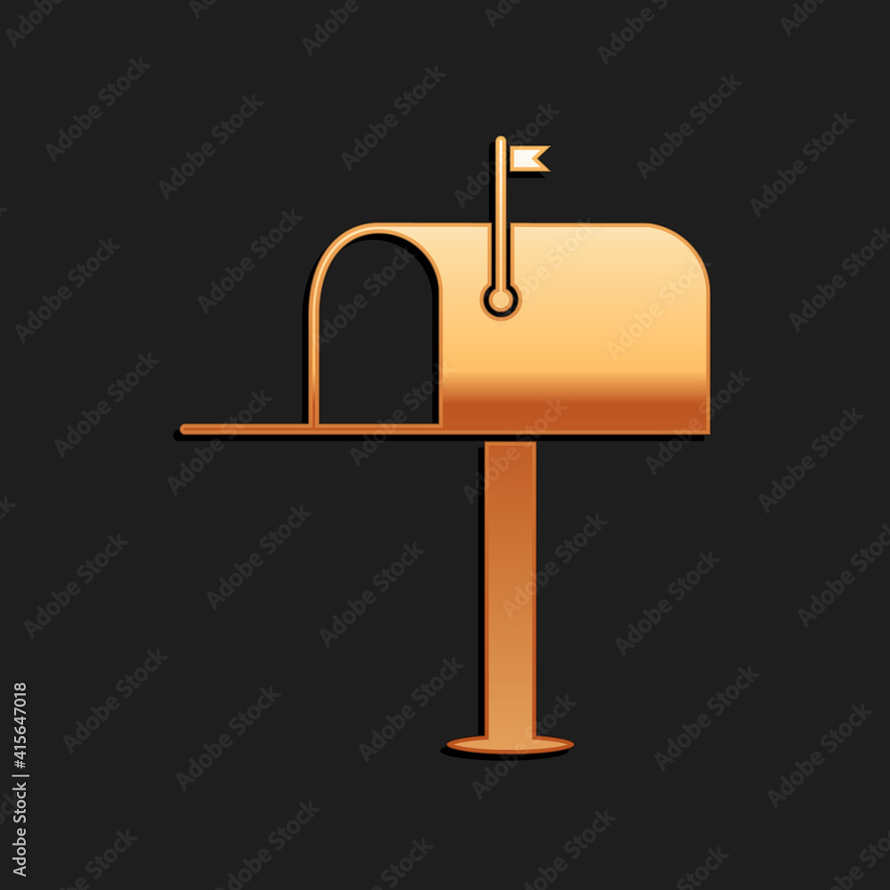 Poster gold open mail box icon isolated on black background. mailbox icon. mail postbox on pole with flag. 