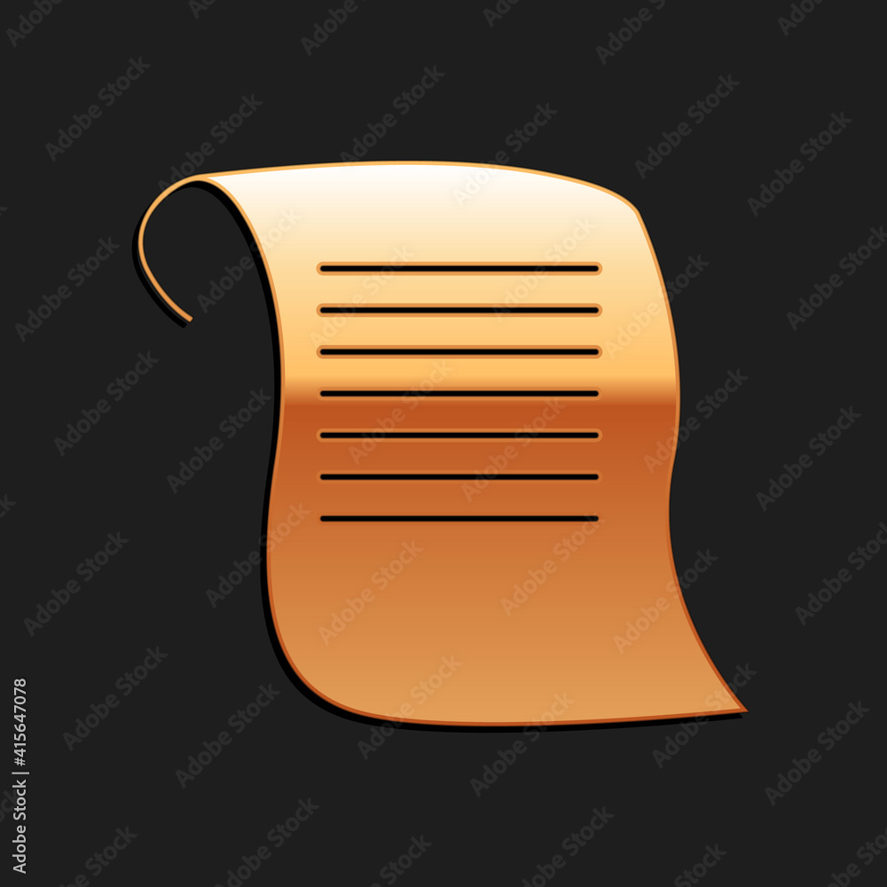 Poster gold paper scroll icon isolated on black background. canvas scroll sign. long shadow style. vector.