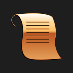 Gold Paper scroll icon isolated on black background. Canvas scroll sign. Long shadow style. Vector.