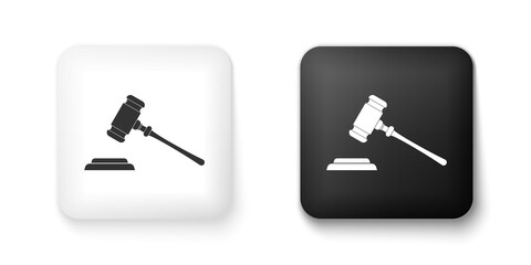 Black and white Judge gavel icon isolated on white background. Gavel for adjudication of sentences and bills, court, justice, with a stand. Auction hammer. Square button. Vector.