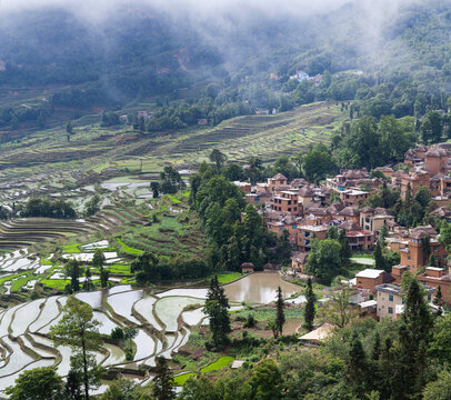 Scenery Of  Yuanyang Village Over Terraced Rice Fields In Yunnan Province Of China. Yuanyang Is In Honghe Hani And Yi Autonomous Prefecture Of Yunnan.