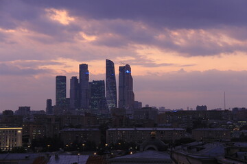 Sunset landscape over Moscow with the view of Moscow City buildings. Travel concept.