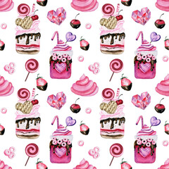Pink watercolor Milk shake, waffles, lollipop and marshmallows isolated on white background. Seamless pattern for bakery business, wrapping paper, wedding print and textile. Hand painted desserts