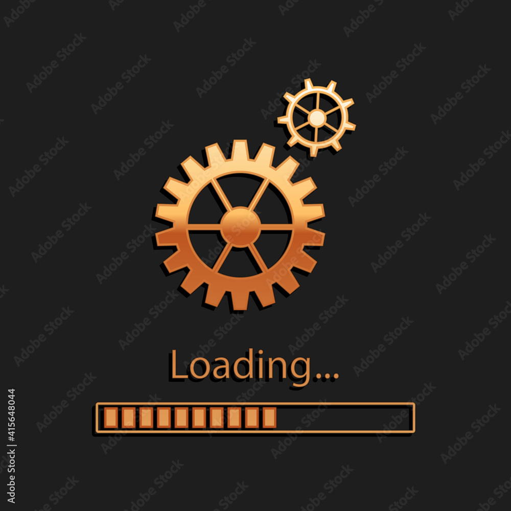 Poster gold loading and gear icon isolated on black background. progress bar icon. system software update. 