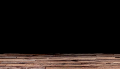 Table en bois sur arrière plan noir. Arrière-plan noir avec support de bois pour présentation d'objets publicitaires pour promotion de produits.