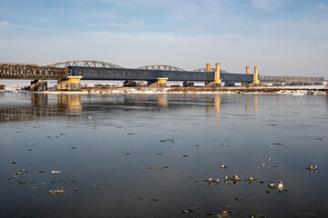Naklejka premium The historic bridge over the River Vistula in Tczew. Winter landscape..Poland, Europe.