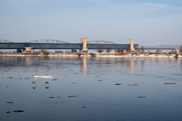 Naklejka premium The historic bridge over the River Vistula in Tczew. Winter landscape..Poland, Europe.