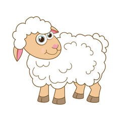 Sheep. Cartoon character young lamb isolated on white background. Template of cute farm animal. Education card for kids learning animals. Suitable for decoration and design. Vector in cartoon style.