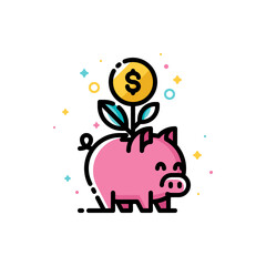 Income increase and make more money with budget planning and smart savings. Flat filled outline style icon with plant growing out of piggy bank. Pixel perfect. Editable stroke. Size 72x72 pixels