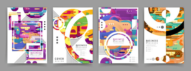 Covers templates set with graphic geometric elements. Applicable for brochures, posters, covers and banners. Vector illustrations.