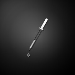 Silver Pipette icon isolated on black background. Element of medical, chemistry lab equipment. Pipette with drop. Medicine symbol. Long shadow style. Vector.