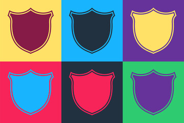 Pop art Shield security icon isolated on color background. Protection, safety, security concept. Firewall access privacy sign. Vector.