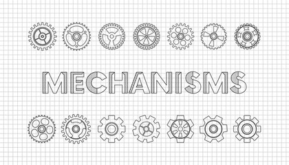 machinery engineering drawings. Technical drawing.mechanisms -Cogwheel flat machine gear icon. mathematics education concept typography design.vector