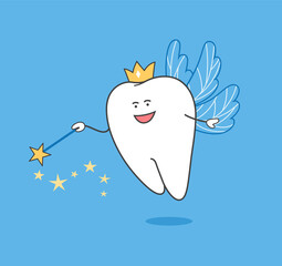 Tooth Fairy. Cartoon Tooth Fairy with magic wand and wings. Dental illustration.