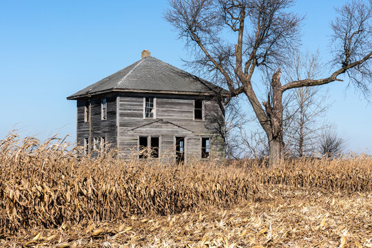 An old abandoned house stands surrounded by cornfields. Most of the windows have been broken, but the sturdy, square home still stands.