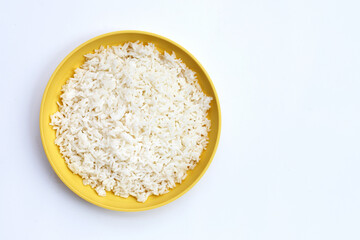 Dish of rice on white background.