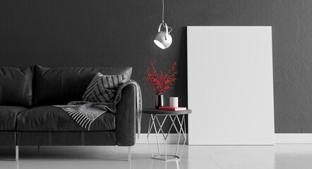 Mock up living room with grey concrete wall and modern furniture, minimal interior design, 3d render, 3d illustration
