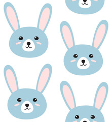 Vector seamless pattern of blue flat doodle hand drawn colored rabbit bunny face isolated on white background