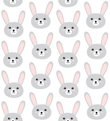 Vector seamless pattern of flat doodle hand drawn colored rabbit bunny face isolated on white background