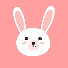 Vector flat doodle hand drawn white rabbit bunny face isolated on pink background