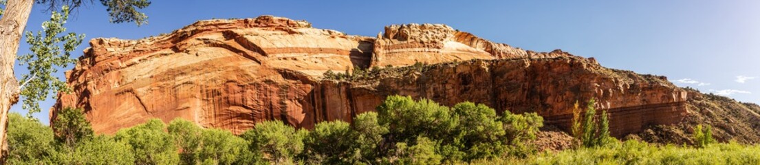 Panorama shot of red sriped sandstone mountain in Capitol Reef national park in Utha, America