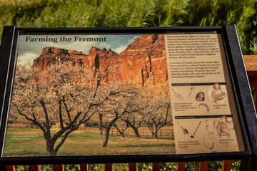 Close up of information about Farming the Fremont table for tourist in capitol reef nation park in utah, america