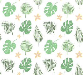 Vector seamless pattern of colored hand drawn doodle sketch palm and monstera leaf isolated on white background