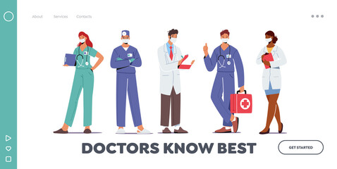 Hospital Healthcare Staff Occupation Landing Page Template. Doctor Characters in Medical Robe with Stethoscope, Notebook