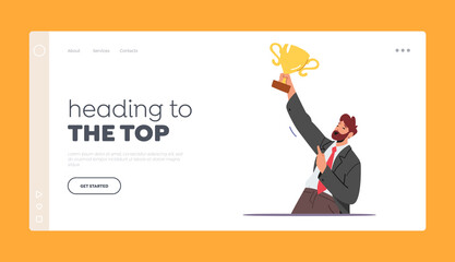 Fototapeta na wymiar Businessman with Trophy Landing Page Template. Successful Business Man Hold Golden Cup in Raised Hand Celebrate Success