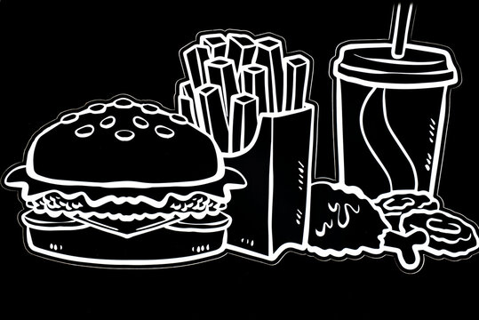 Icons pictures of fast food on a black background, soda hamburger and potatoes