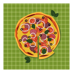 Italian food, pizza with sausage and tomatoes on a salad napkin, round flatbread with an open filling