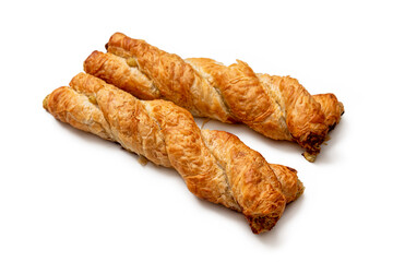 Freshly baked buns, in the form of a braided braid, with minced meat on a white background
