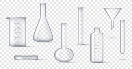 Obraz premium Laboratory glassware. Realistic lab beaker, glass flask and other chemical containers, 3D