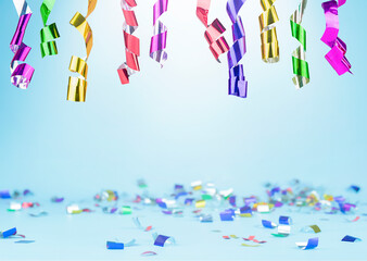 multi colored confetti and serpentine on a light blue background. background for celebration