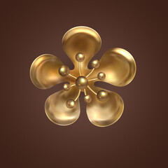 Golden sakura flower. Gold decoration. Decorative design element of gold metal jewelry, solated flower of Japanese cherry on brown background