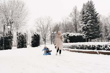 Mom rides a cute boy in a sled in the snow, active lifestyle, winter, family