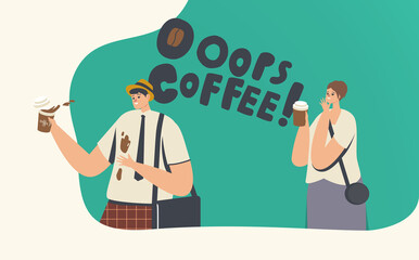 Clumsiness, Accident on Street or Office. Businessman in Trouble with Drink. Clumsy Character Spill Coffee on T-shirt