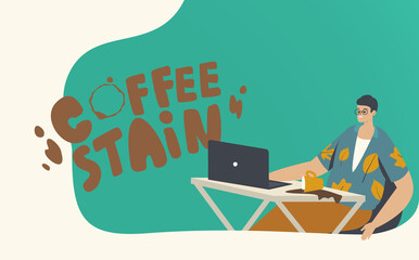 Clumsy Man Sitting at Working Place Spill Coffee near Laptop Put Stains on Desk. Trouble at Work, Disorder, Clumsiness