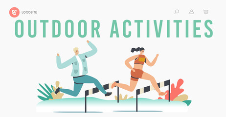 Outdoor Activities Landing Page Template. Happy Man and Woman Running with Obstacles on Stadium, Active Life, Sport