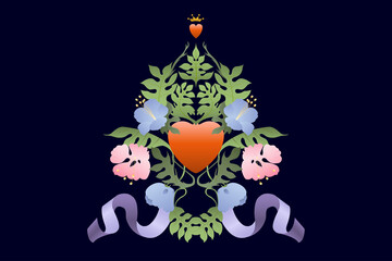 Heart decorated with flowers and leaves, golden crown on the top, lilac ribbon. Mirrored floral pattern. Vector illustration on the theme of love, wedding and Valentine's Day