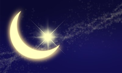 Gold crescent, star and night sky. Black and blue background. Ramadan. Muslim holiday. Festive rectangular banner. 3d render.