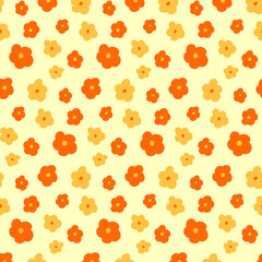 Vector orange and yellow flowers on yellow background seamless pattern. Simple floral print. Botanical ornament for textile, fabric, wrapping paper, wallpaper, scrapbooking, design and decoration.