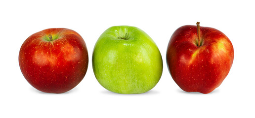 Three apples red, green, red isolated on white background.