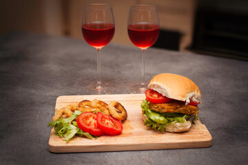 Burger onion rings and wine