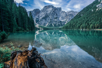 Mountain lake in the Dolomites, South Tyrol in Italy..The Pragser Wildsee, or Lake Prags, Lake Braies.
