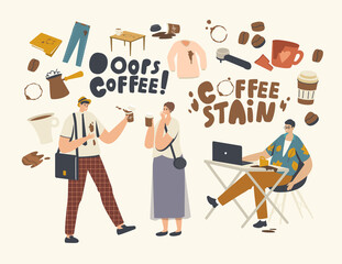 Male or Female Characters Spill Coffee on their Clothes and Laptop put Stains. Clumsiness, Accident on Street or Office